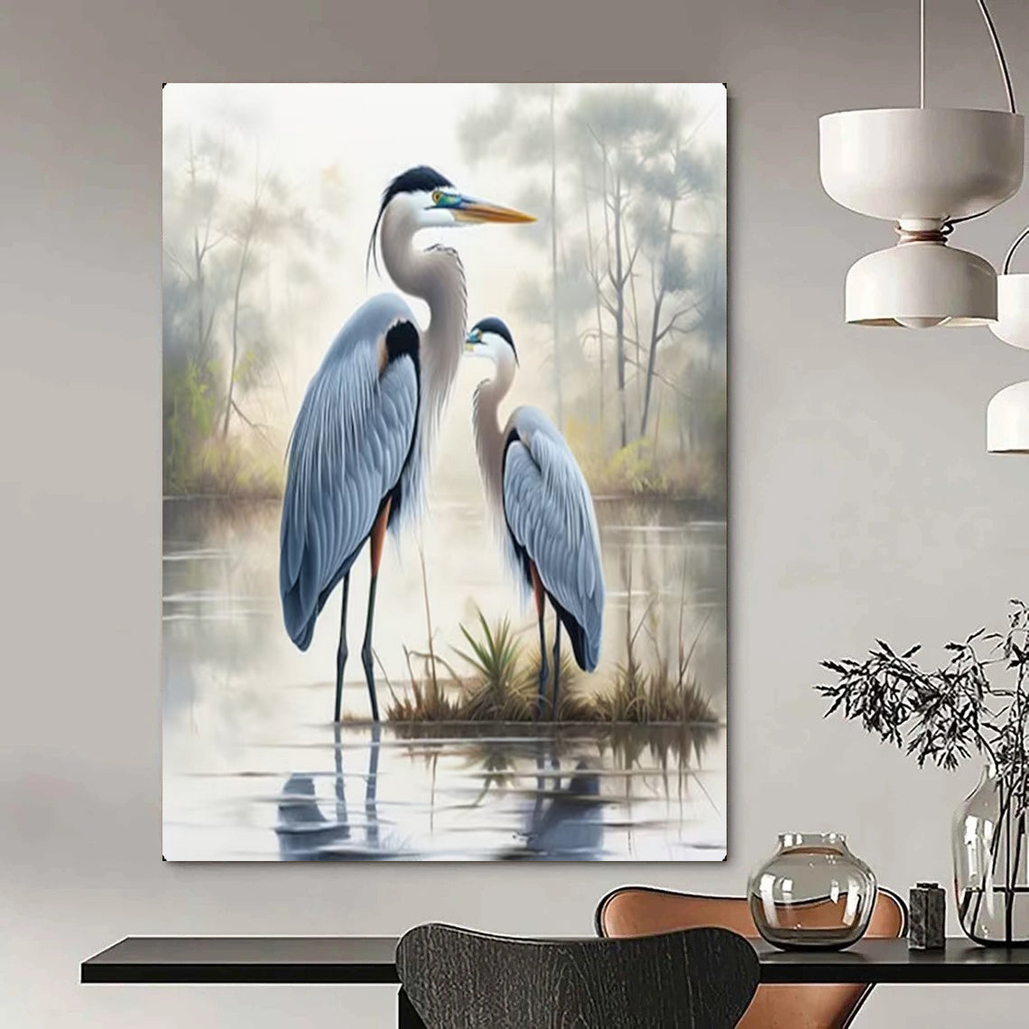 “Blue Herons in Misty Wetland” – Realistic Bird Oil Painting On Canvas CT2129