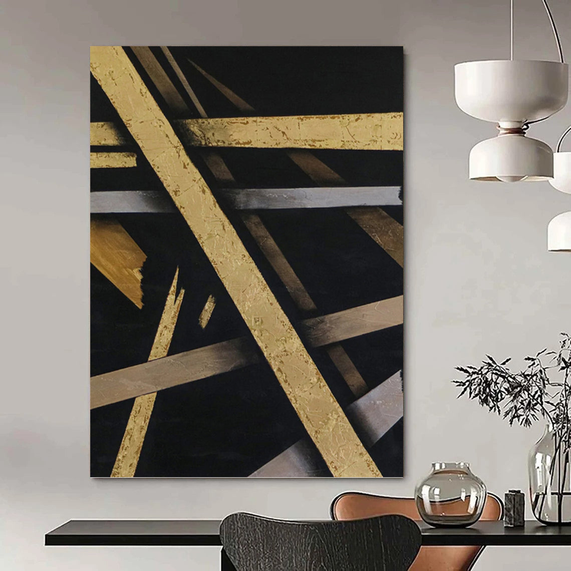 “Gold & Silver on Black Abstract” - Luxurious Abstract Painting On Canvas DKH1094