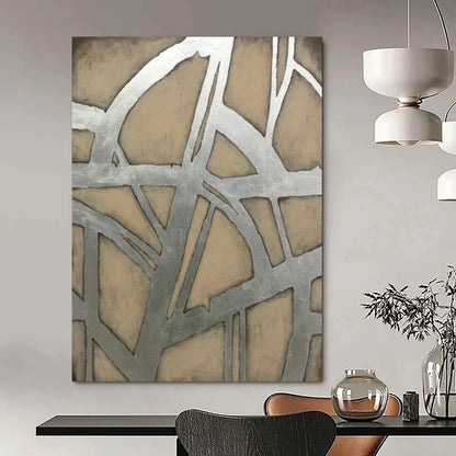 “Silver & Beige Geometric Web” - Abstract Painting On Canvas CT2328