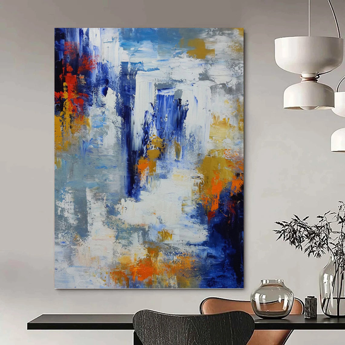 Vibrant Blue, White, and Orange Abstract - Abstract Painting On Canvas DKH1338