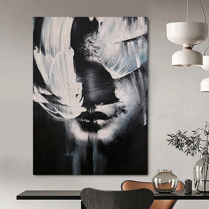 “Black, White Abstract Face ‘Mystery in Monochrome’” - Textured Figurative Painting On Canvas DTP331