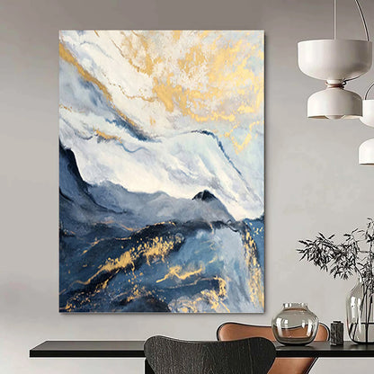 “Blue - Gray Mountain with Gold Streaks” - Blue, Gray & Gold Abstract Landscape Painting On Canvas DKH0943