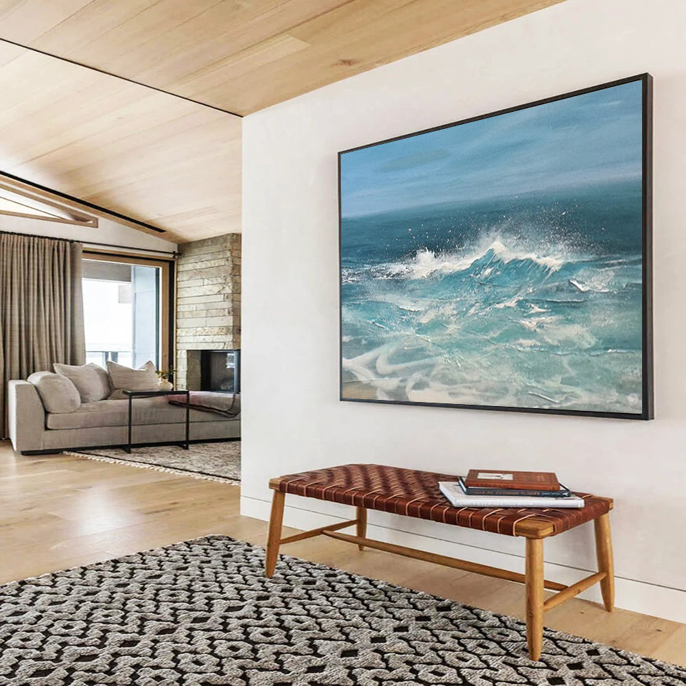 “Blue, White, Crashing Waves ‘Dynamic Surf’” - Realist Seascape Painting On Canvas DLZ025