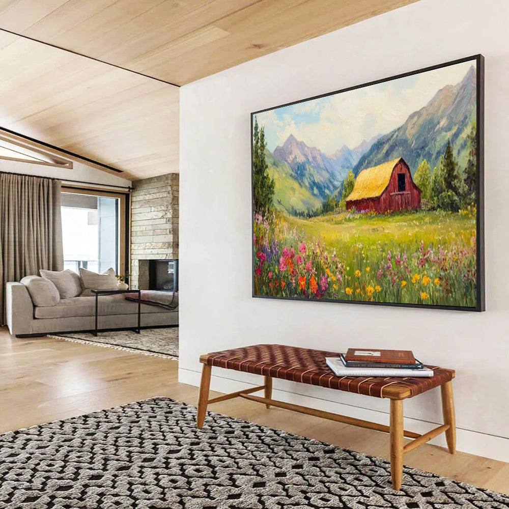 “Mountain Barn Paradise” - Green, Yellow, Pink Landscape Oil Painting On Canvas DKH727