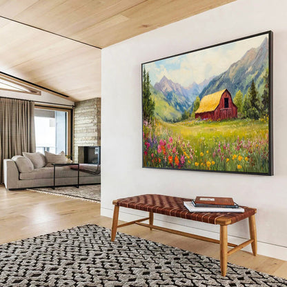 “Mountain Barn Paradise” - Green, Yellow, Pink Landscape Oil Painting On Canvas DKH727