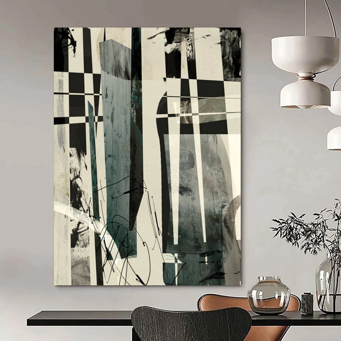 “Checkerboard Abstract Fusion” - Black, White, Gray Abstract Painting On Canvas DTP218
