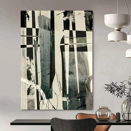 “Checkerboard Abstract Fusion” - Black, White, Gray Abstract Painting On Canvas DTP218