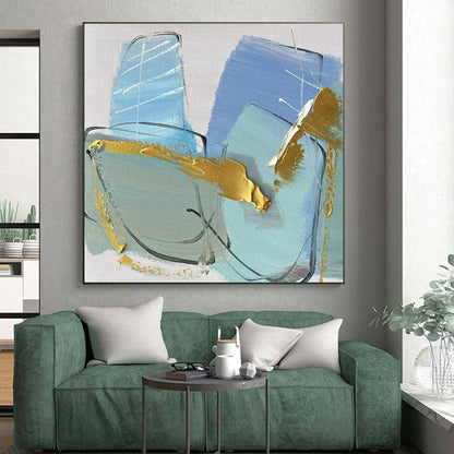 “Blue - Gold - Gray Geometric Abstraction” ，Abstract Acrylic Painting CT0796