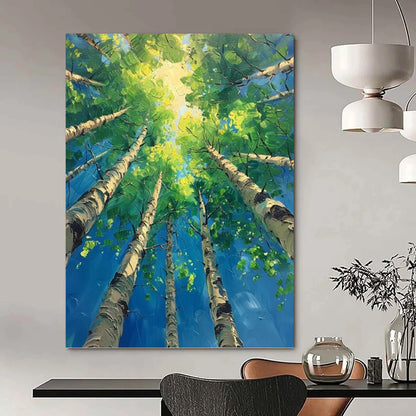 “Sunlit Canopy” - Green, Blue & Yellow Tree - Top Landscape Painting On Canvas DKH1552