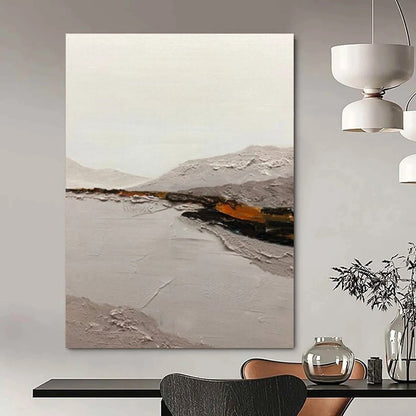 “Gray, Orange Textured Landscape ‘Misty Valley’” - Impasto Landscape Painting On Canvas DTP401
