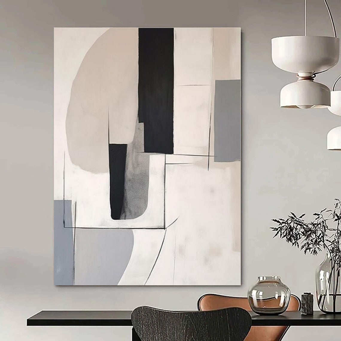 Light Grey Geometric Lines - Abstract Line Acrylic Painting CT1375