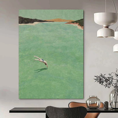 “Diver in Green Water” - Green, Blue, Brown Landscape Painting On Canvas DTP304