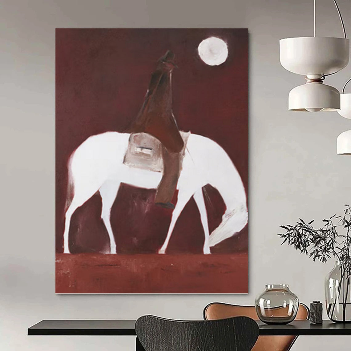 Rider on White Horse Under Red Sky and Moon - Equine Painting On Canvas DKH1425