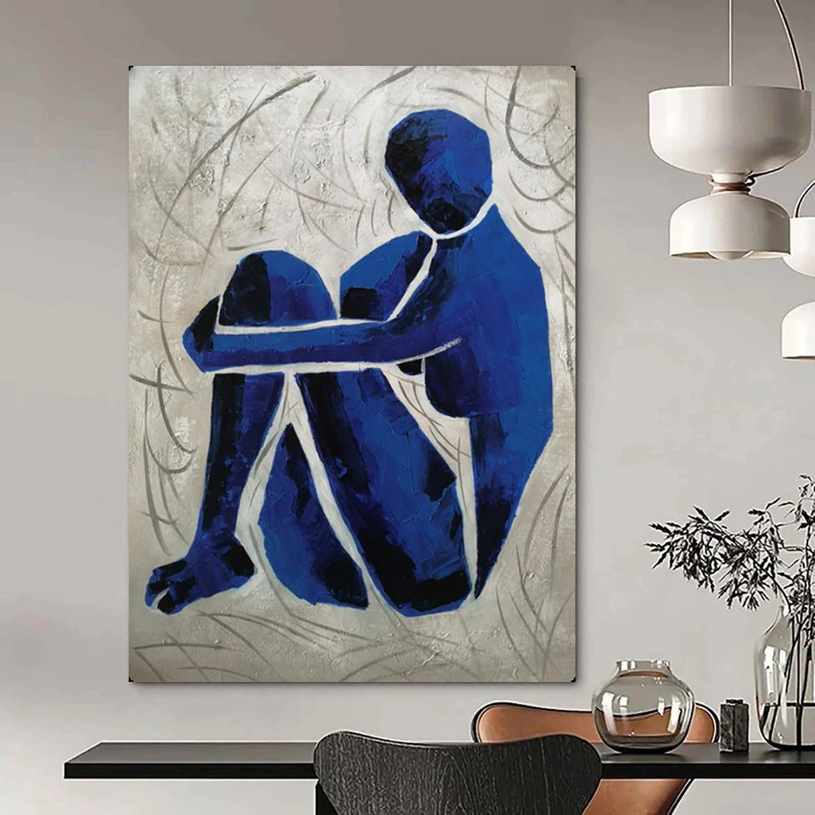 “Blue Contemplative Figure” – Expressionistic Oil Painting On Canvas CT2166