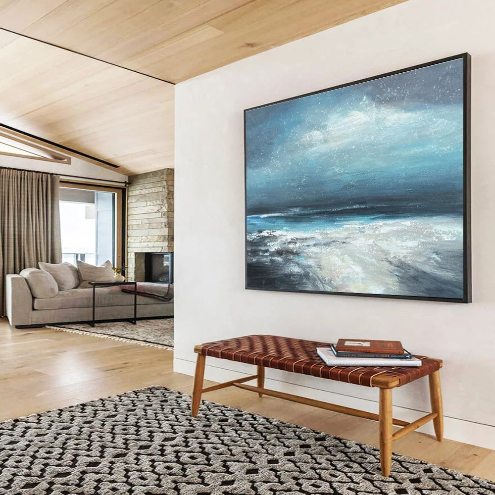Deep Blue and Gray Starry Seaside “Nocturnal Coastal Serenity” Painting On Canvas DKH111