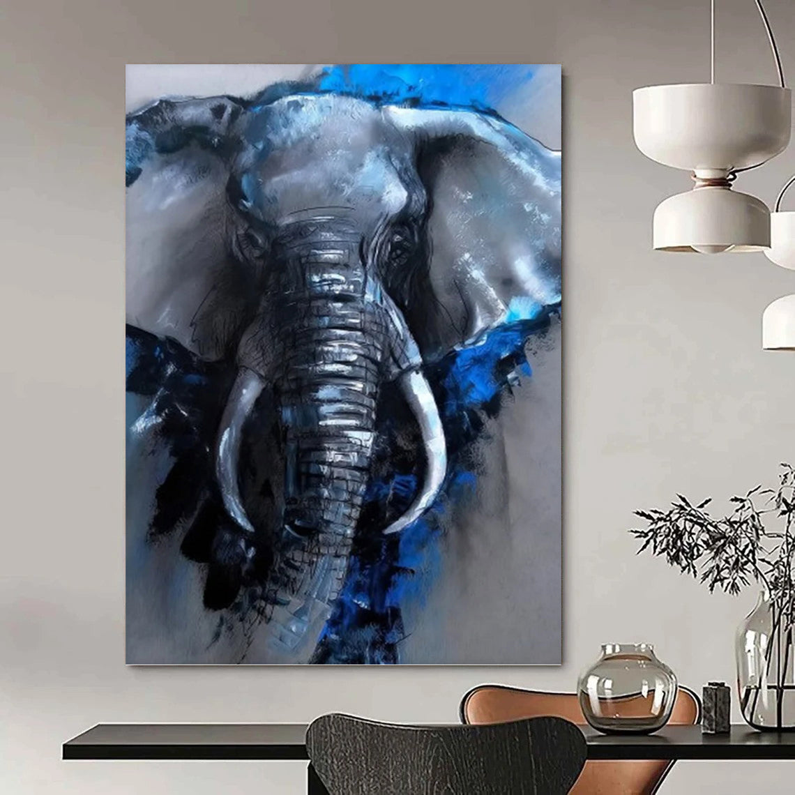 “Blue & Gray Elephant Portrait” - Expressive Animal Painting On Canvas DKH1610