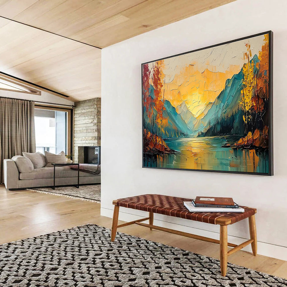 “Autumn Mountain Lake - Warm Gold & Cool Teal Landscape Painting On Canvas” DKH861