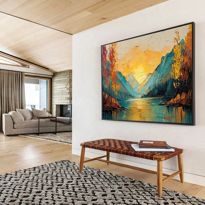“Autumn Mountain Lake - Warm Gold & Cool Teal Landscape Painting On Canvas” DKH861