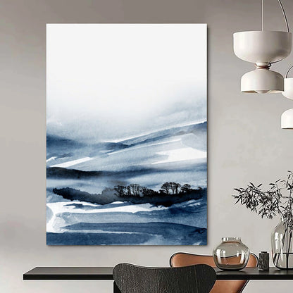 “Blue - White Ink Landscape” - Blue, White Abstract Landscape Painting On Canvas DTP231