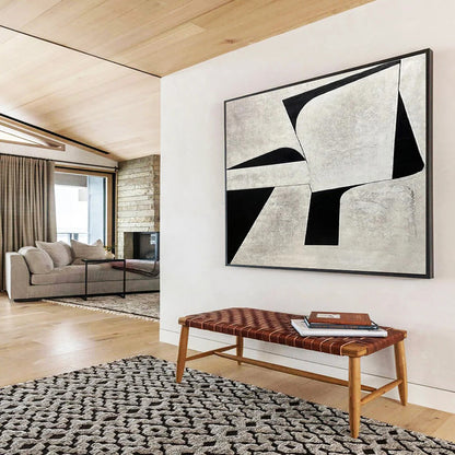Monochrome Geometric Contrast in Gray and Black, Abstract Cubist - Inspired Painting On Canvas DKH582