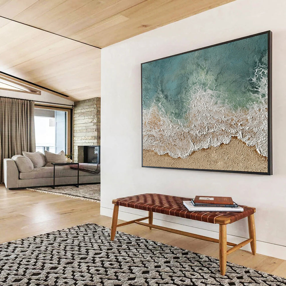 “Coastal Waves & Sands” - Turquoise, White & Beige Beach Scene Painting On Canvas DLZ252