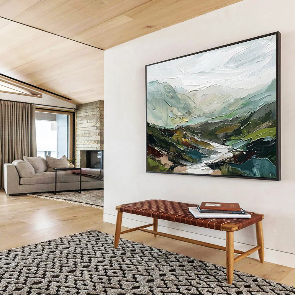 “Textured Mountain Vista” - Green, Blue, Gray Landscape Oil Painting On Canvas DKH725