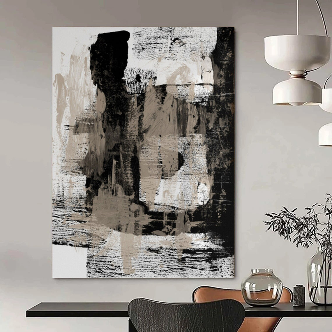 “Monochrome Abstract Layers” - Black, White & Beige Textured Painting On Canvas DKH0967