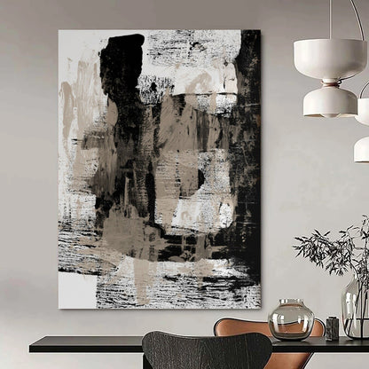 “Monochrome Abstract Layers” - Black, White & Beige Textured Painting On Canvas DKH0967