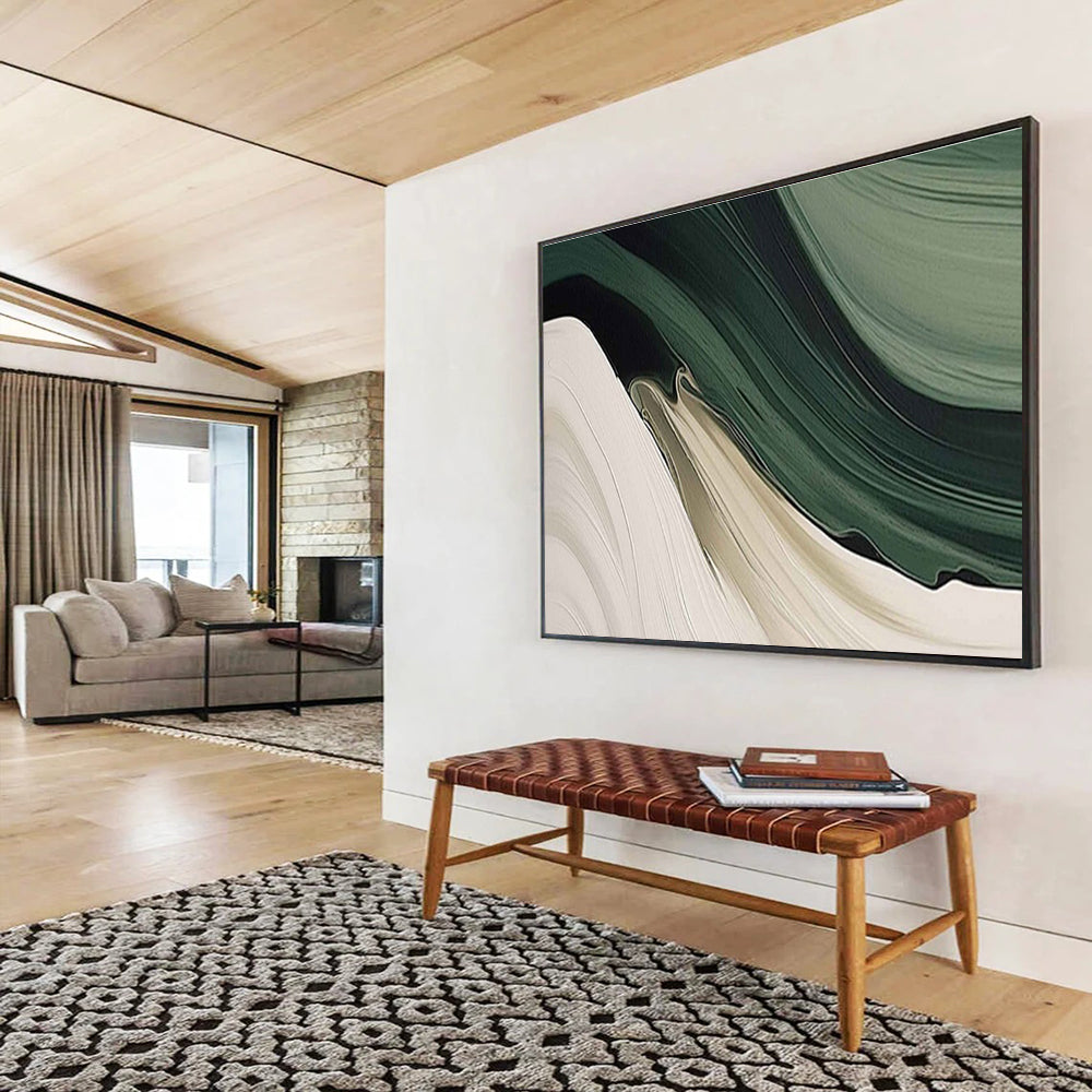 “Flowing Earth Tones” - Green, Beige, White Abstract Landscape Painting On Canvas DKH753