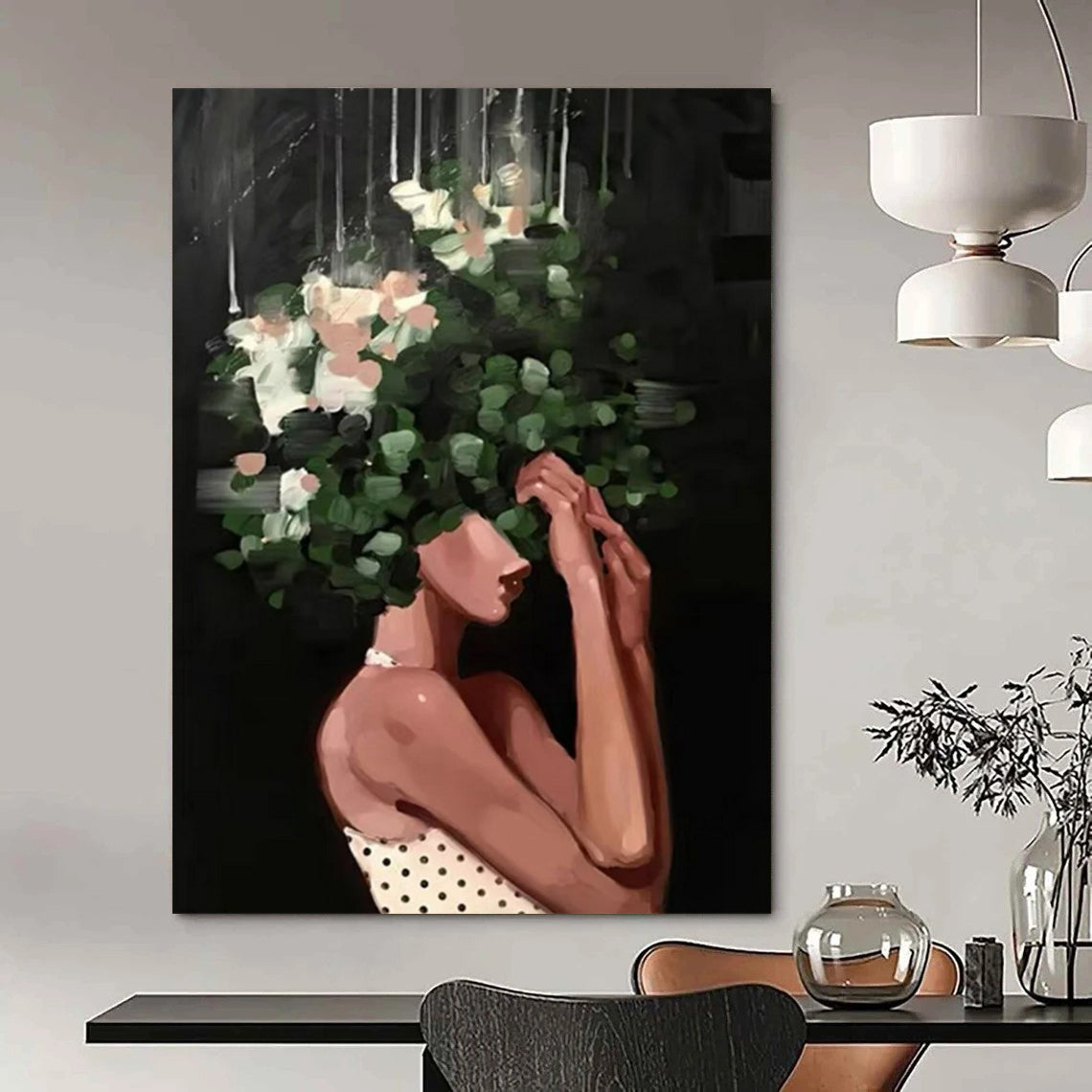 “Black, Green, White Floral Head ‘Botanical Elegance’” - Figurative Flower Painting On Canvas DTP323