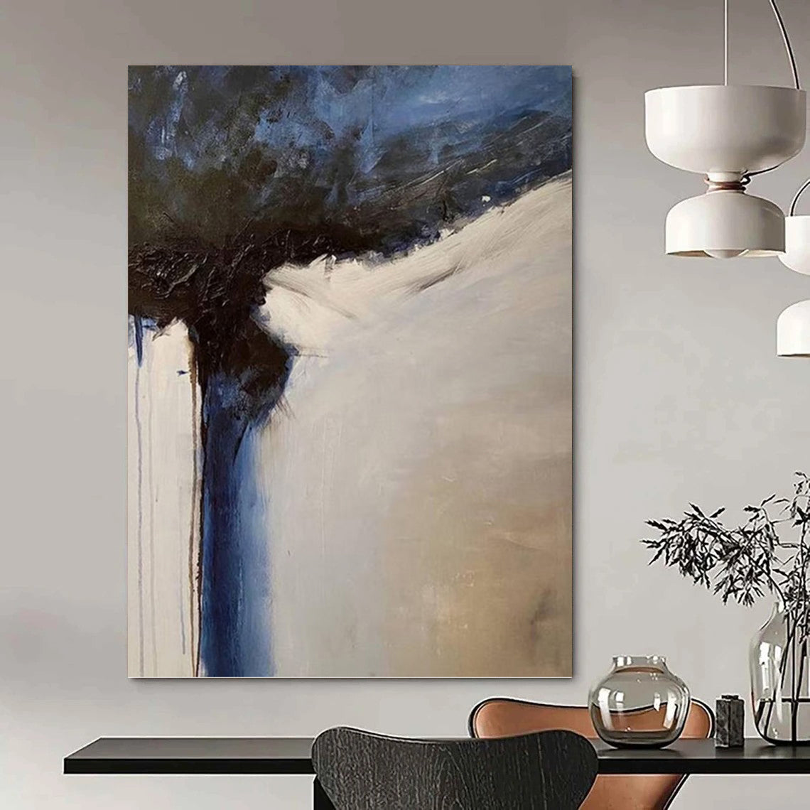 Blue, Black, and White Abstract Composition - Abstract Painting On Canvas DKH1499