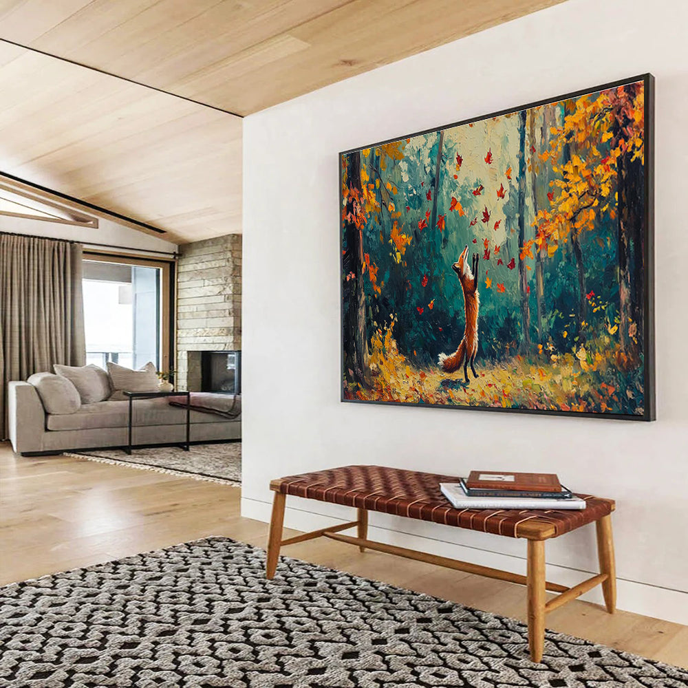 “Autumn Fox Frolic” - Orange, Yellow, Red Forest & Animal Oil Painting On Canvas DKH701