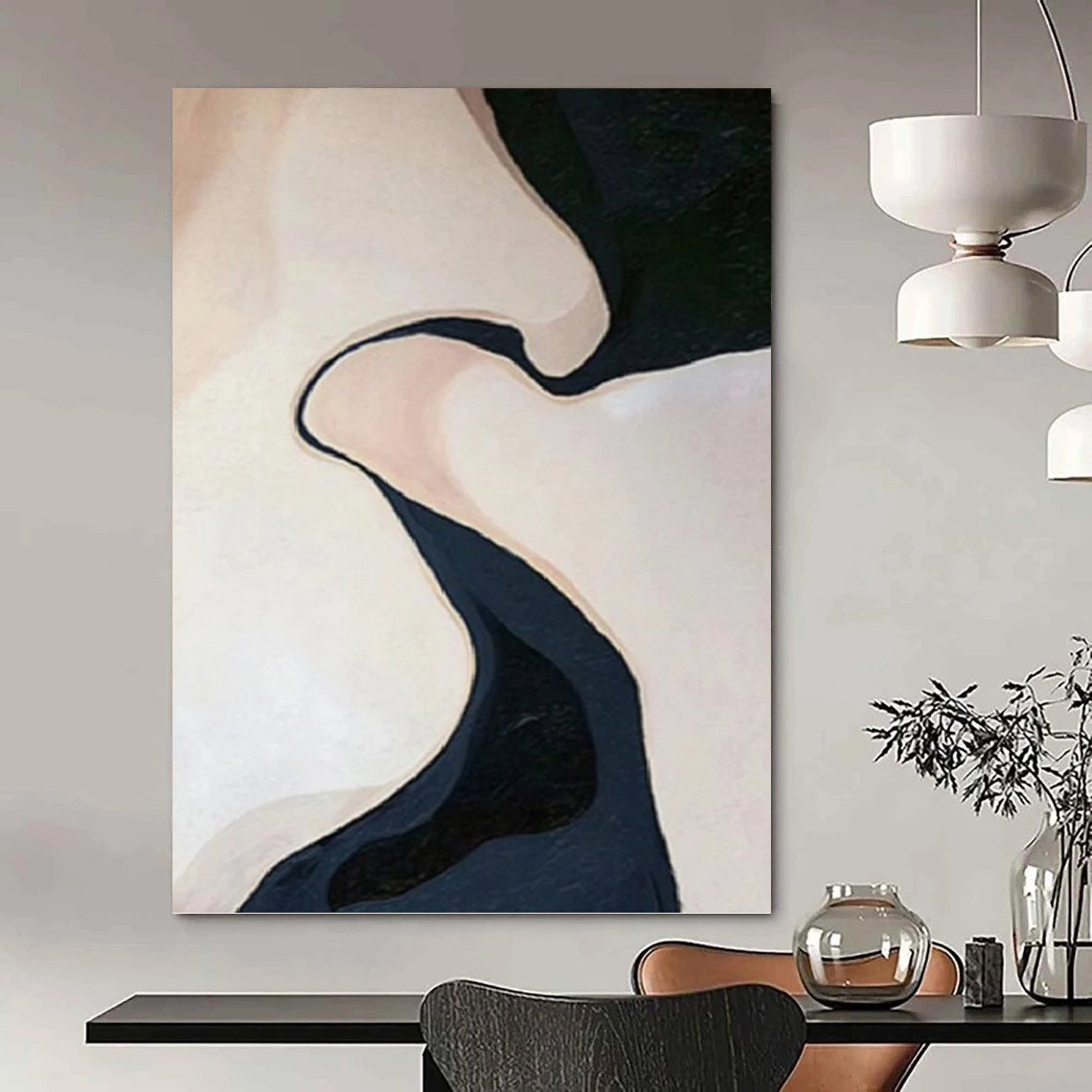 “Abstract Curved Forms in Beige and Dark Blue” - Organic - Inspired Painting On Canvas DKH1120