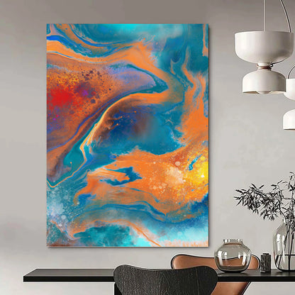 “Vibrant Fluid Abstraction” - Blue, Orange & Red Marbled - Effect Painting On Canvas DKH0940