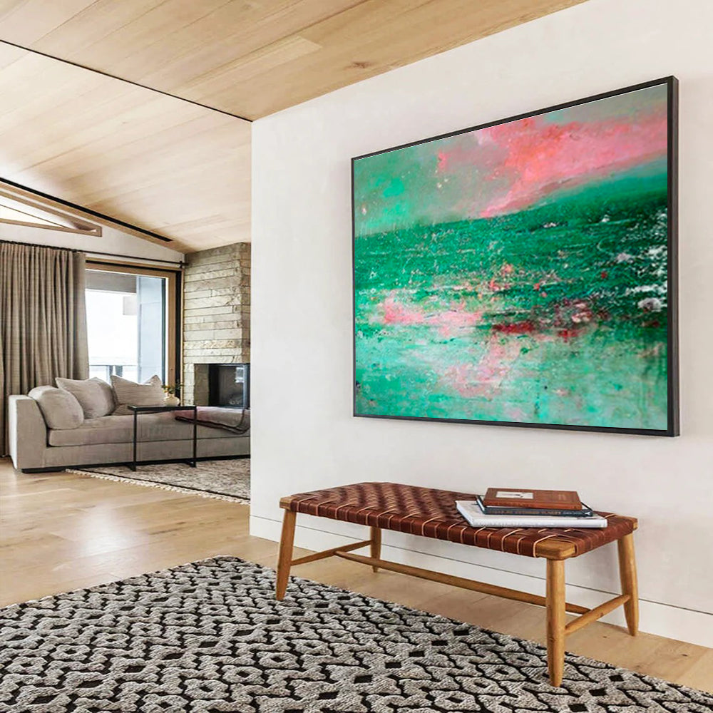“Pink & Green Abstract Seascape” Abstract Expressionist Painting On Canvas DKH398