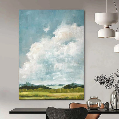 “Sky’s Embrace: Fluffy Clouds Over Fields” - Impasto Landscape Oil on Canvas CT1878