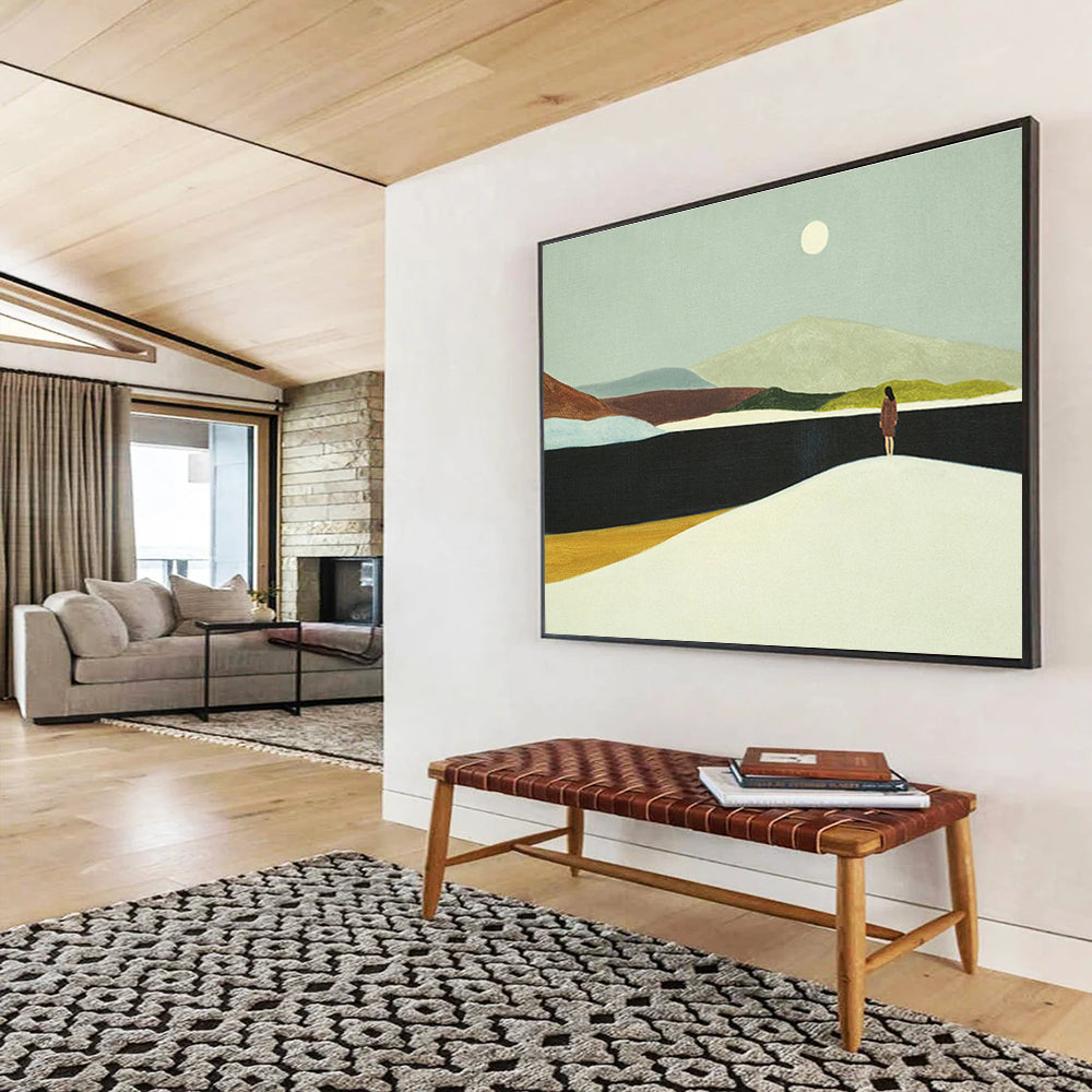 “Moonlit Wanderer” - Green, Brown, White Minimalist Landscape Painting On Canvas DKH739