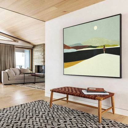 “Moonlit Wanderer” - Green, Brown, White Minimalist Landscape Painting On Canvas DKH739