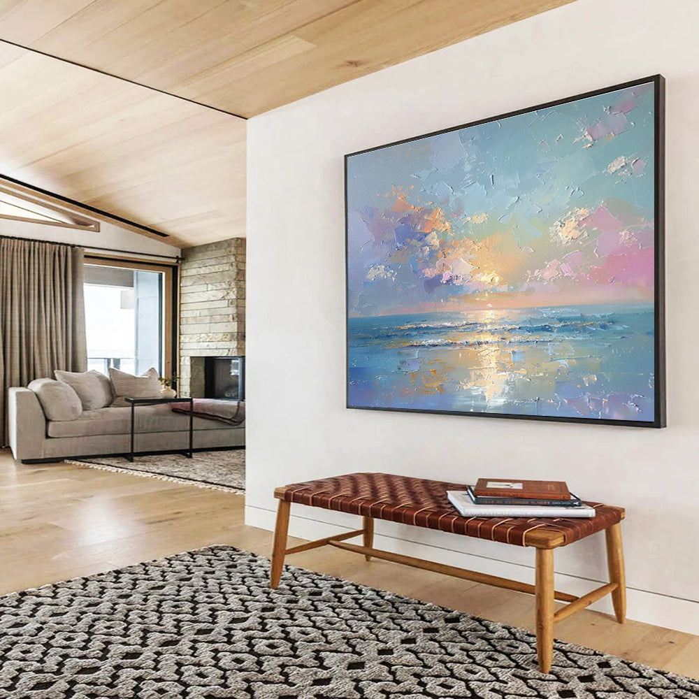 “Vibrant Seascape: Colorful Sunset Over Ocean” Impasto Oil Painting On Canvas DKH363