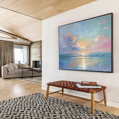 “Vibrant Seascape: Colorful Sunset Over Ocean” Impasto Oil Painting On Canvas DKH363