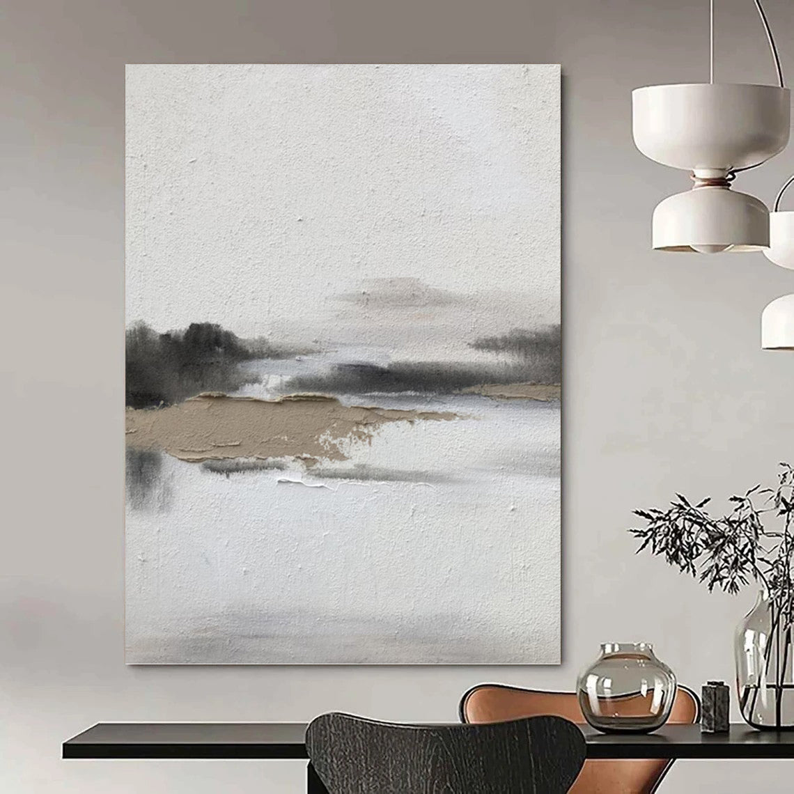 “Neutral Textured Waterscape” - Abstract Landscape Painting On Canvas DKH1672