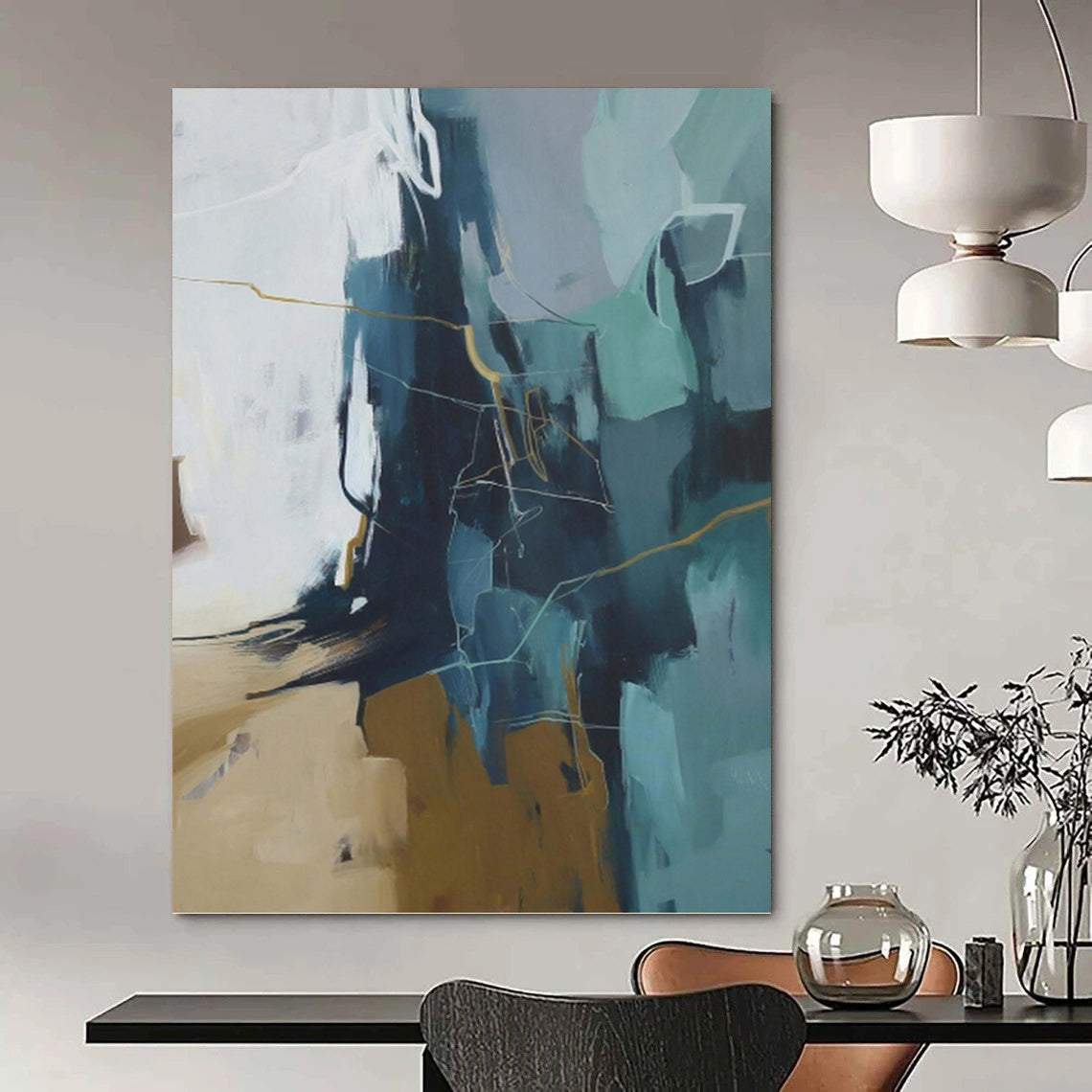“Blue, Gray & Gold Abstract Geometry” - Blue, Gray, Gold & White Modernist Painting On Canvas DKH1016