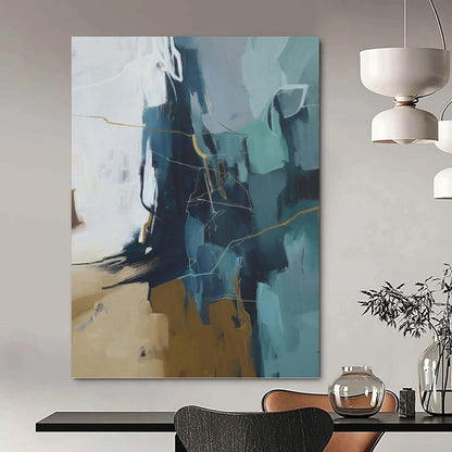 “Blue, Gray & Gold Abstract Geometry” - Blue, Gray, Gold & White Modernist Painting On Canvas DKH1016