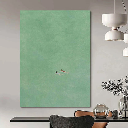 “Two Swimmers in Green” - Green, Blue, Red Minimalist Figurative Painting On Canvas DTP305
