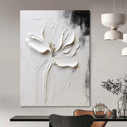 “Sculpted White Flower” - Black & White Floral Painting On Canvas CT2217