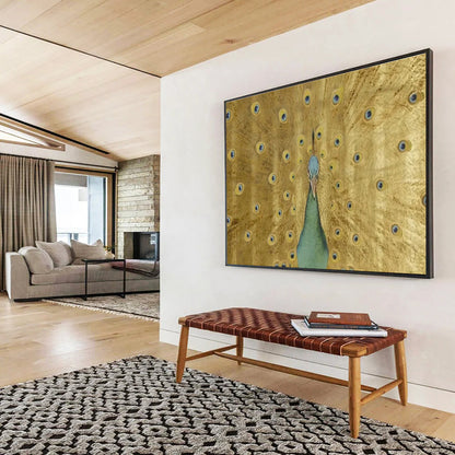 “Golden Peacock Display” - Gold, Blue, Green Realistic Bird Painting On Canvas DKH740