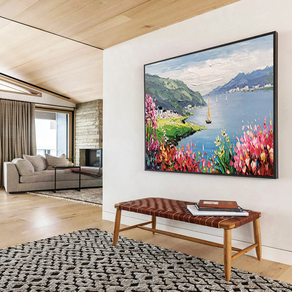 Lakeside Village with Blossoms - Impressionist Landscape Painting On Canvas DLZ209