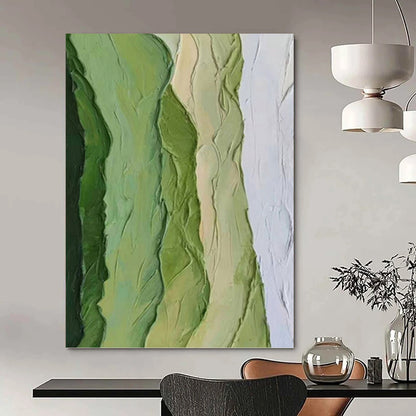 “Green Textured Ridges” - Green & White Impasto Abstract Painting On Canvas DKH1196