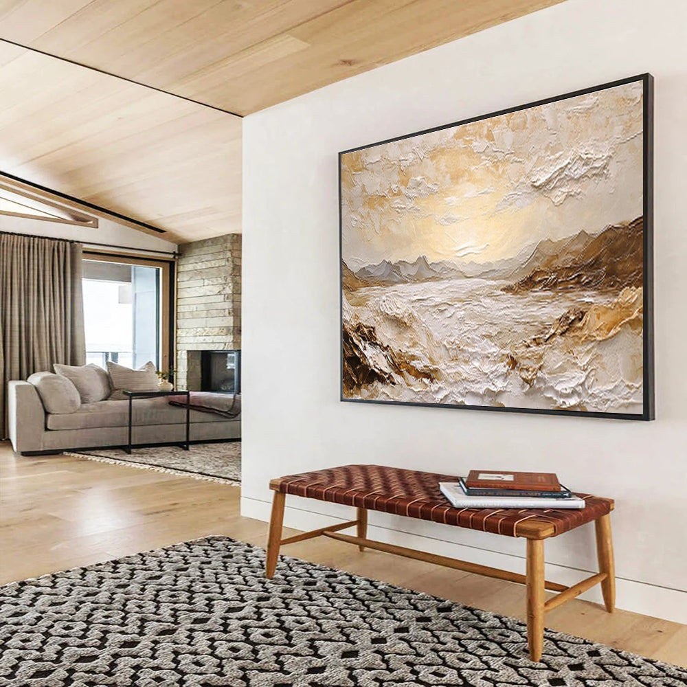 “Textured Golden Sea & Mountains” Impasto Scenic Painting On Canvas DKH460