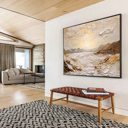 “Textured Golden Sea & Mountains” Impasto Scenic Painting On Canvas DKH460
